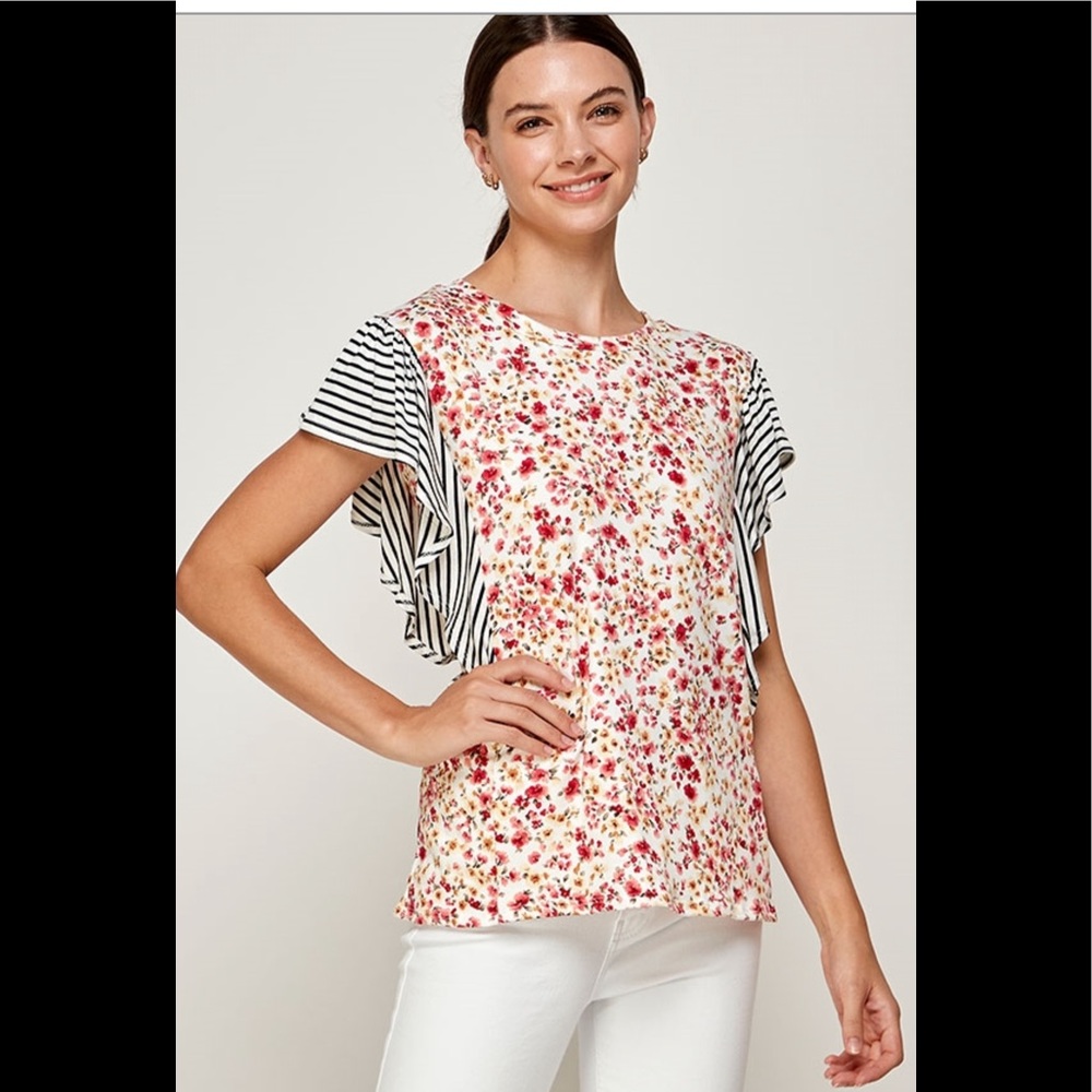 Plus Size Short Striped Frill Sleeve Round Neck Floral Print Top- 3 pack